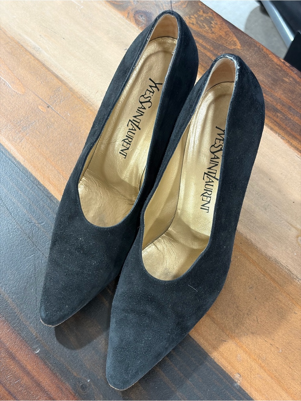 Yves Saint Laurent Black Suede Pointed Pumps with Gold Lining